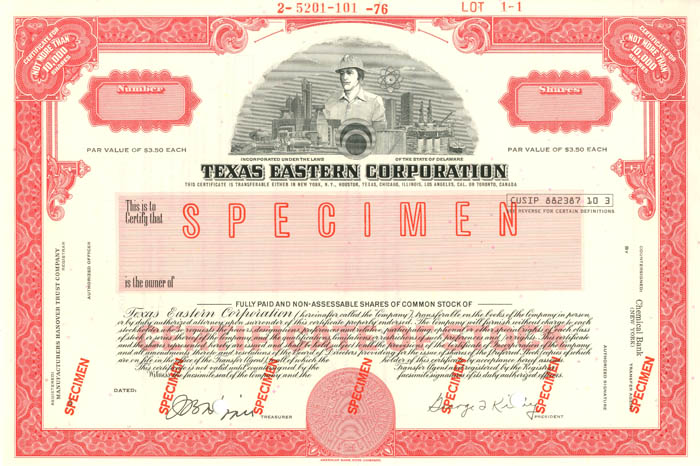 Texas Eastern Corporation - Specimen Stock Certificate